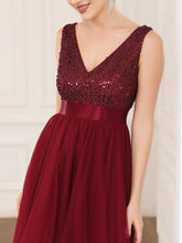 Load image into Gallery viewer, Color=Burgundy | Sparkling Wholesale Evening Dresses with Asymmetrical Hem Deep V Neck-Burgundy 5