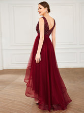 Load image into Gallery viewer, Color=Burgundy | Sparkling Wholesale Evening Dresses with Asymmetrical Hem Deep V Neck-Burgundy 3