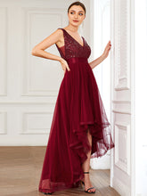 Load image into Gallery viewer, Color=Burgundy | Sparkling Wholesale Evening Dresses with Asymmetrical Hem Deep V Neck-Burgundy 2
