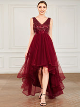 Load image into Gallery viewer, Color=Burgundy | Sparkling Wholesale Evening Dresses with Asymmetrical Hem Deep V Neck-Burgundy 1