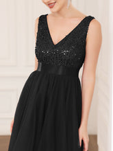 Load image into Gallery viewer, Color=Black | Sparkling Wholesale Evening Dresses with Asymmetrical Hem Deep V Neck-Black 10
