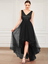 Load image into Gallery viewer, Color=Black | Sparkling Wholesale Evening Dresses with Asymmetrical Hem Deep V Neck-Black 6