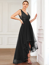 Load image into Gallery viewer, Color=Black | Sparkling Wholesale Evening Dresses with Asymmetrical Hem Deep V Neck-Black 8