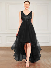 Load image into Gallery viewer, Color=Black | Sparkling Wholesale Evening Dresses with Asymmetrical Hem Deep V Neck-Black 9