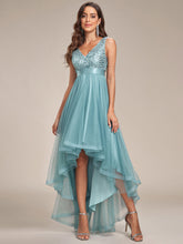 Load image into Gallery viewer, Color=Light teal | Sparkling Wholesale Evening Dresses with Asymmetrical Hem Deep V Neck-Light teal 14