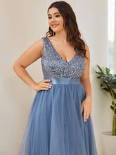 Load image into Gallery viewer, Color=Dusty Blue | Sparkling Wholesale Evening Dresses with Asymmetrical Hem Deep V Neck-Dusty Blue 25