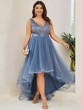 Load image into Gallery viewer, Color=Dusty Blue | Sparkling Wholesale Evening Dresses with Asymmetrical Hem Deep V Neck-Dusty Blue 21