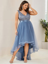 Load image into Gallery viewer, Color=Dusty Blue | Sparkling Wholesale Evening Dresses with Asymmetrical Hem Deep V Neck-Dusty Blue 23