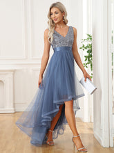 Load image into Gallery viewer, Color=Dusty Blue | Sparkling Wholesale Evening Dresses with Asymmetrical Hem Deep V Neck-Dusty Blue 24