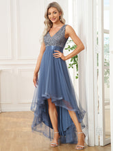 Load image into Gallery viewer, Color=Dusty Blue | Sparkling Wholesale Evening Dresses with Asymmetrical Hem Deep V Neck-Dusty Blue 25