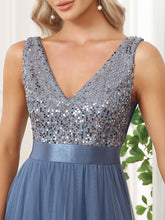 Load image into Gallery viewer, Color=Dusty Blue | Sparkling Wholesale Evening Dresses with Asymmetrical Hem Deep V Neck-Dusty Blue 23