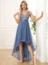 Load image into Gallery viewer, Color=Dusty Blue | Sparkling Wholesale Evening Dresses with Asymmetrical Hem Deep V Neck-Dusty Blue 21