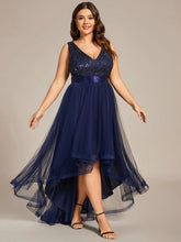 Load image into Gallery viewer, Color=Navy Blue | Sparkling Wholesale Evening Dresses with Asymmetrical Hem Deep V Neck-Navy Blue 34