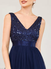 Load image into Gallery viewer, Color=Navy Blue | Sparkling Wholesale Evening Dresses with Asymmetrical Hem Deep V Neck-Navy Blue 35