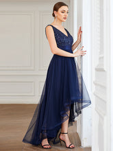 Load image into Gallery viewer, Color=Navy Blue | Sparkling Wholesale Evening Dresses with Asymmetrical Hem Deep V Neck-Navy Blue 33