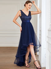 Load image into Gallery viewer, Color=Navy Blue | Sparkling Wholesale Evening Dresses with Asymmetrical Hem Deep V Neck-Navy Blue 34