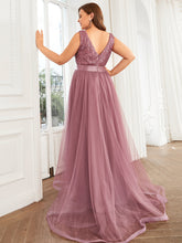 Load image into Gallery viewer, Color=Purple Orchid | Sparkling Wholesale Evening Dresses with Asymmetrical Hem Deep V Neck-Purple Orchid 37