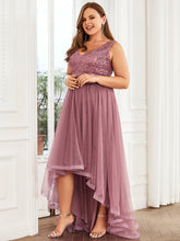 Load image into Gallery viewer, Color=Purple Orchid | Sparkling Wholesale Evening Dresses with Asymmetrical Hem Deep V Neck-Purple Orchid 39