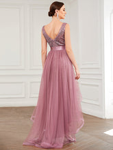 Load image into Gallery viewer, Color=Purple Orchid | Sparkling Wholesale Evening Dresses with Asymmetrical Hem Deep V Neck-Purple Orchid 37
