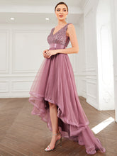 Load image into Gallery viewer, Color=Purple Orchid | Sparkling Wholesale Evening Dresses with Asymmetrical Hem Deep V Neck-Purple Orchid 39