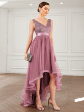 Load image into Gallery viewer, Color=Purple Orchid | Sparkling Wholesale Evening Dresses with Asymmetrical Hem Deep V Neck-Purple Orchid 40