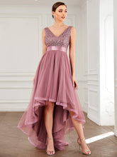 Load image into Gallery viewer, Color=Purple Orchid | Sparkling Wholesale Evening Dresses with Asymmetrical Hem Deep V Neck-Purple Orchid 36