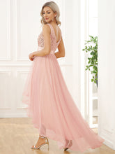 Load image into Gallery viewer, Color=Pink | Sparkling Wholesale Evening Dresses with Asymmetrical Hem Deep V Neck-Pink 42