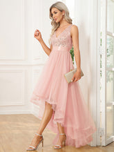 Load image into Gallery viewer, Color=Pink | Sparkling Wholesale Evening Dresses with Asymmetrical Hem Deep V Neck-Pink 44