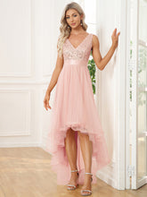 Load image into Gallery viewer, Color=Pink | Sparkling Wholesale Evening Dresses with Asymmetrical Hem Deep V Neck-Pink 45
