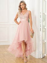 Load image into Gallery viewer, Color=Pink | Sparkling Wholesale Evening Dresses with Asymmetrical Hem Deep V Neck-Pink 41