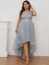 Load image into Gallery viewer, Color=Silver | Sparkling Wholesale Evening Dresses with Asymmetrical Hem Deep V Neck-Silver 49