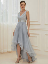 Load image into Gallery viewer, Color=Silver | Sparkling Wholesale Evening Dresses with Asymmetrical Hem Deep V Neck-Silver 49