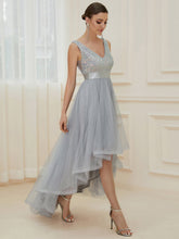 Load image into Gallery viewer, Color=Silver | Sparkling Wholesale Evening Dresses with Asymmetrical Hem Deep V Neck-Silver 50