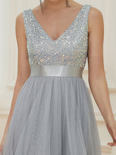 Load image into Gallery viewer, Color=Silver | Sparkling Wholesale Evening Dresses with Asymmetrical Hem Deep V Neck-Silver 48