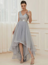 Load image into Gallery viewer, Color=Silver | Sparkling Wholesale Evening Dresses with Asymmetrical Hem Deep V Neck-Silver 46