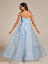 Load image into Gallery viewer, Color=Ice blue | Tulle Floral Printed Spaghetti Strap Evening Dress with V-Neck-Ice blue 3