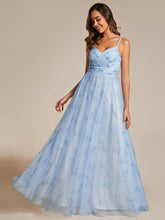 Load image into Gallery viewer, Color=Ice blue | Tulle Floral Printed Spaghetti Strap Evening Dress with V-Neck-Ice blue 2