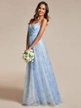 Load image into Gallery viewer, Color=Ice blue | Tulle Floral Printed Spaghetti Strap Evening Dress with V-Neck-Ice blue 1