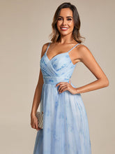 Load image into Gallery viewer, Color=Ice blue | Tulle Floral Printed Spaghetti Strap Evening Dress with V-Neck-Ice blue 4