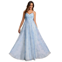Load image into Gallery viewer, Color=Ice blue | Tulle Floral Printed Spaghetti Strap Evening Dress with V-Neck-Ice blue 5