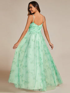 Color=Mint Green | Tulle Floral Printed Spaghetti Strap Evening Dress with V-Neck-Mint Green 11