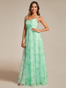 Color=Mint Green | Tulle Floral Printed Spaghetti Strap Evening Dress with V-Neck-Mint Green 10