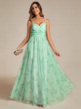 Load image into Gallery viewer, Color=Mint Green | Tulle Floral Printed Spaghetti Strap Evening Dress with V-Neck-Mint Green 8
