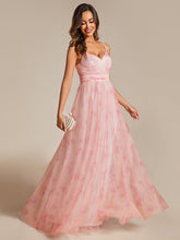 Load image into Gallery viewer, Color=Pink | Tulle Floral Printed Spaghetti Strap Evening Dress with V-Neck-Pink 