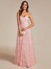 Load image into Gallery viewer, Color=Pink | Tulle Floral Printed Spaghetti Strap Evening Dress with V-Neck-Pink 