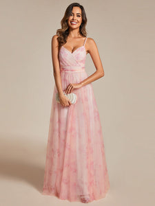 Color=Pink | Tulle Floral Printed Spaghetti Strap Evening Dress with V-Neck-Pink 