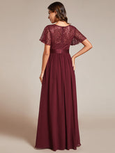 Load image into Gallery viewer, Color=Burgundy | Round-Neck Sequin Chiffon High Waist Formal Evening Dress With Short Sleeves-Burgundy 4