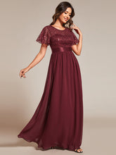 Load image into Gallery viewer, Color=Burgundy | Round-Neck Sequin Chiffon High Waist Formal Evening Dress With Short Sleeves-Burgundy 3