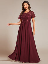 Load image into Gallery viewer, Color=Burgundy | Round-Neck Sequin Chiffon High Waist Formal Evening Dress With Short Sleeves-Burgundy 1