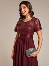 Load image into Gallery viewer, Color=Burgundy | Round-Neck Sequin Chiffon High Waist Formal Evening Dress With Short Sleeves-Burgundy 2